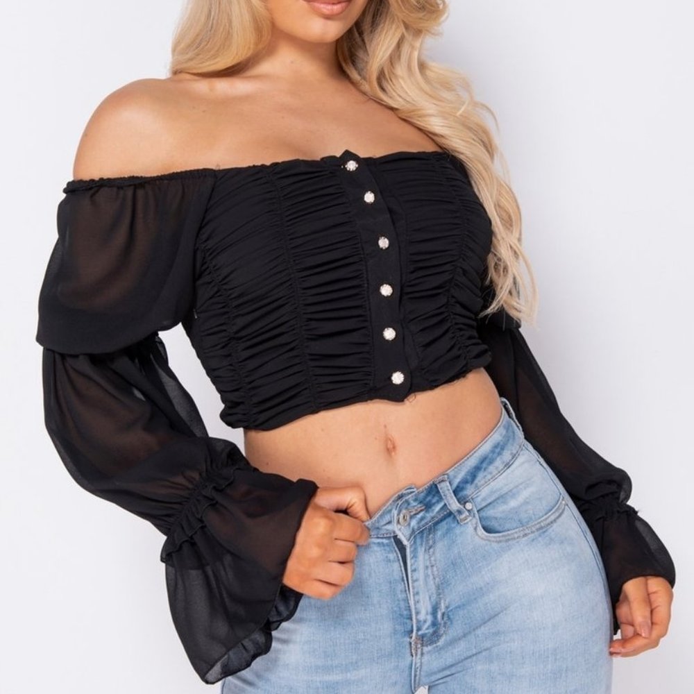 Black Long Sleeve Off Shoulder Ruched Crop Top - Picture 2 of 9